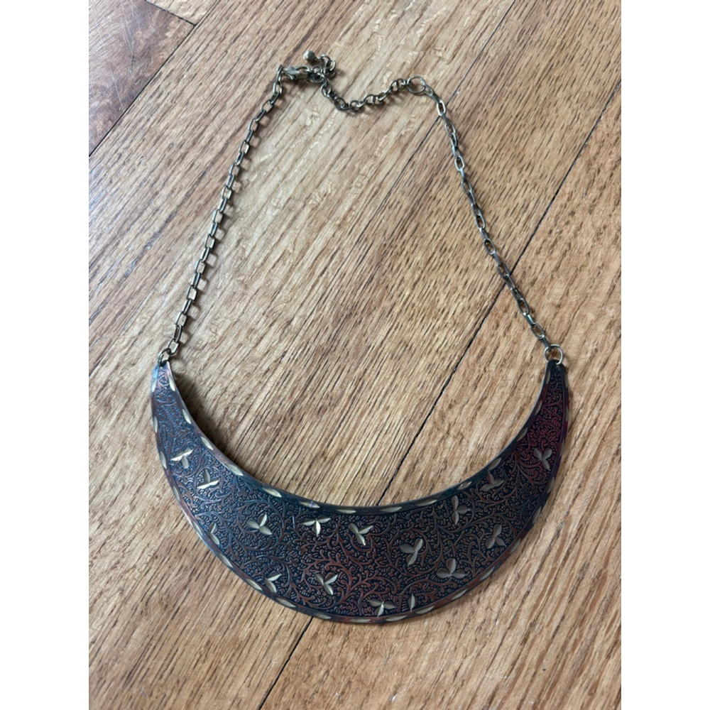 Antique Bronze Etched Crescent Bib Necklace